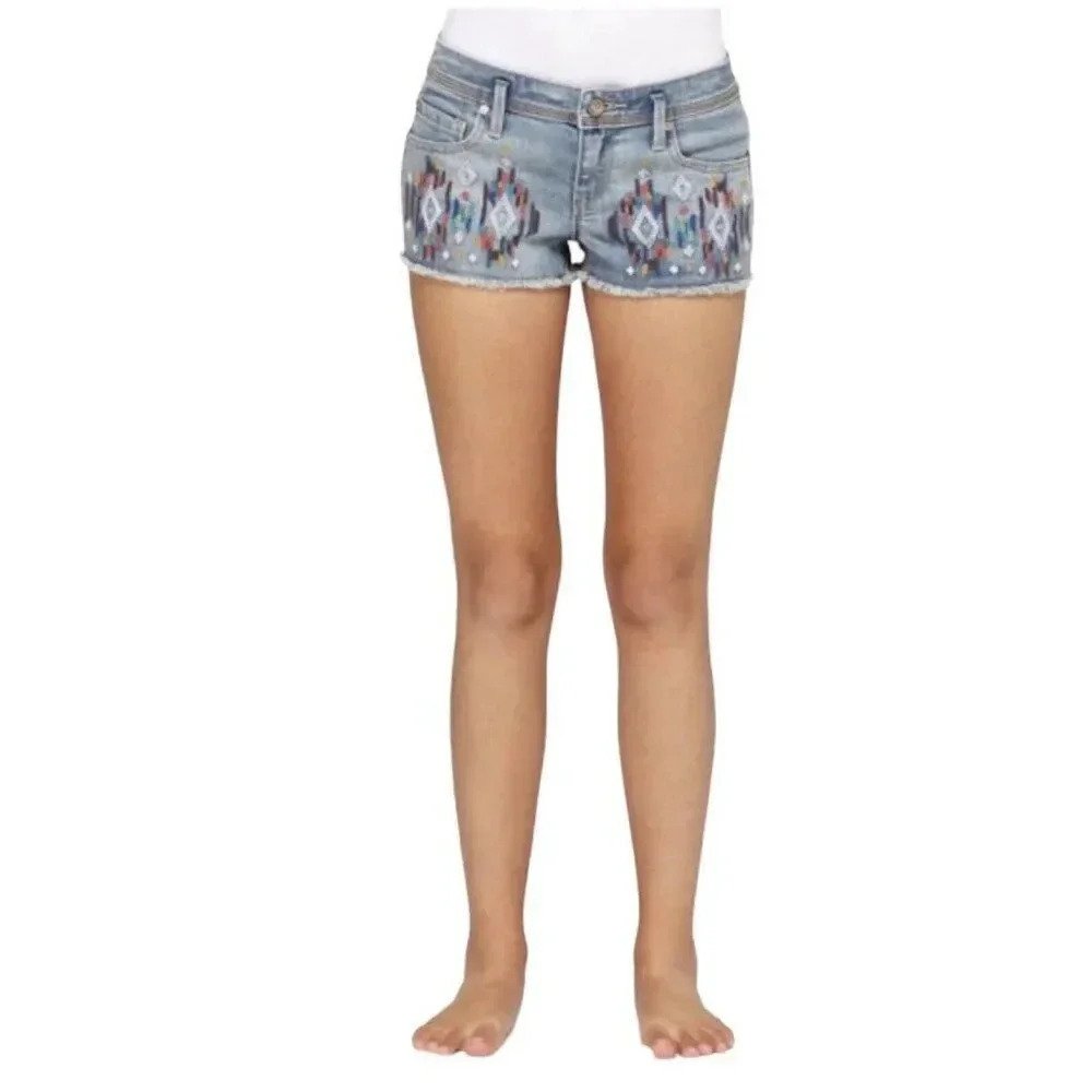 Roxy Blaze Gemoetric Embroidered Boho Festival Cut Off Raw Hem Shorts Size 11